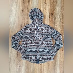 Womens 100% Cotton Aztec Southwest Print Sz Small Button Up Boho Western Hooded